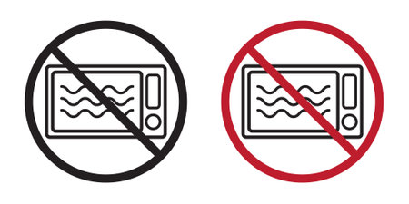 Do not microwave symbol. Oven icon in crossed circle with text under. Black and white, red version.のイラスト素材