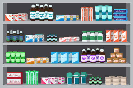 Pharmacy medicine shelves. Medicine pills capsules bottles vitamins and tablets.のイラスト素材