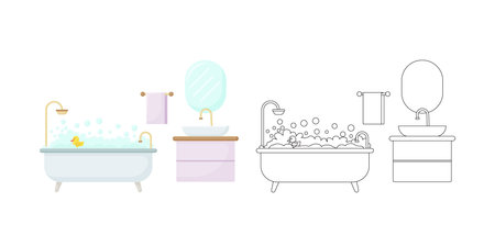 Bathroom coloring. Linear vector bathroom. Plan of the restroom with furniture arrangement. Illustration in an outline.のイラスト素材