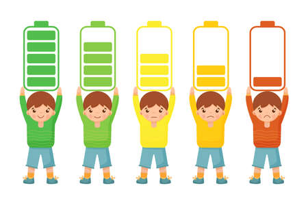 Boy with a battery symbol to indicate stress and energy levels.のイラスト素材