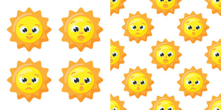Cute vector pattern of sun characters. Funny happy suns for kids fashion, baby showers and birthdays. Bright and beauti.のイラスト素材