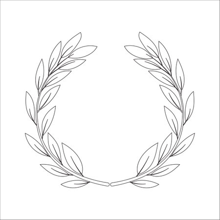 Black and white outline wreath with olive branches and olives isolated on white background. Round floral frame.のイラスト素材