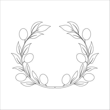 Black and white outline wreath with olive branches and olives isolated on white background. Round floral frame.のイラスト素材