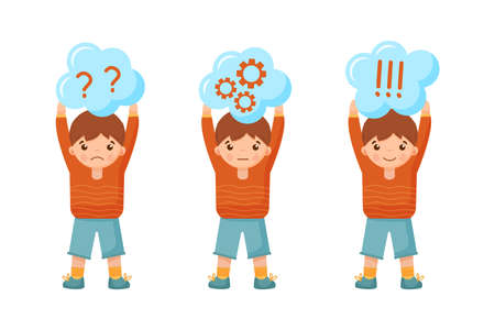 Child question. Thoughtful young boy ask question, confused kid and understand or found answer.のイラスト素材