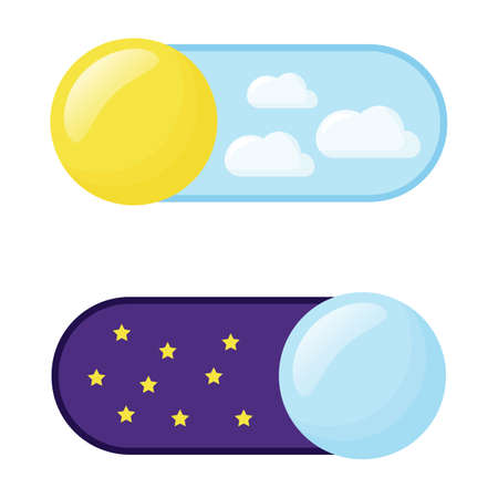 On and Off toggle switch buttons. Light and Dark Buttons. Day night switch. Gadget interface switch to Day and Night modのイラスト素材