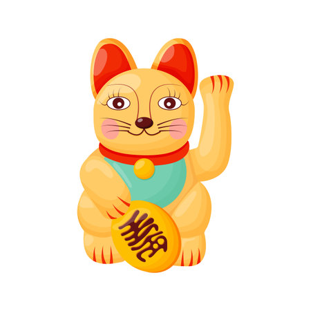 Maneki neko flat cartoon illustration. Japanese folklore symbol banner design. Asian culture, lucky cat, smiling kittyのイラスト素材