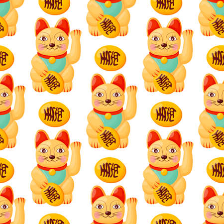 Cat seamless pattern lucky cat japan Maneki Neko vector kitten calico scarf isolated repeat background tile wallpaperのイラスト素材