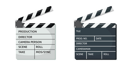 Clapperboard vector illustration. Black and white movie slate isolated clipart on white background. Cinematography and filmmaking equipment. Film clapper design element. Vector illustrationのイラスト素材