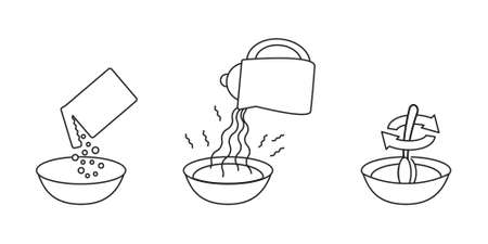 Step-by-step cooking guide. Cooking method in three stages. Black and white drawing. Vector illustrationのイラスト素材