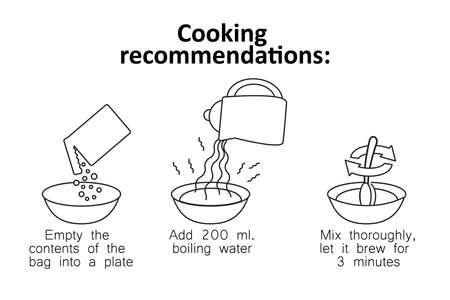 Step-by-step cooking guide. Cooking method in three stages. Black and white drawing. Vector illustrationのイラスト素材