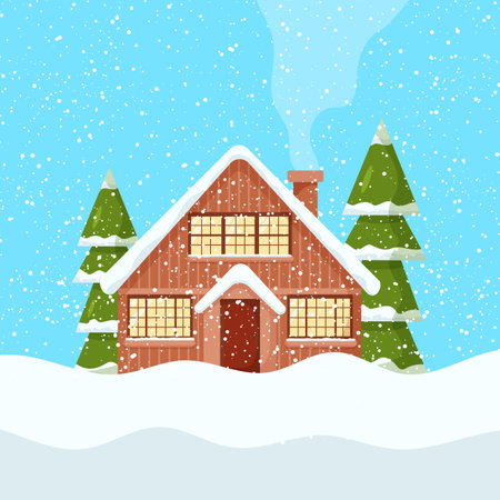 Merry Christmas house. Cartoon vector illustration. Happy new year banner. Vintage style. Greeting card.のイラスト素材