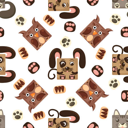 Seamless vector pattern of dog, cat, owl. Square dog, cat, owl on backgroundのイラスト素材