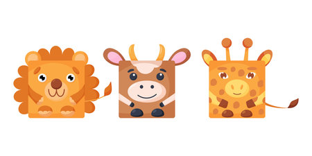 Cute cartoon square animal lion, cow, giraffe face, vector zoo sticker isolated on white background.のイラスト素材