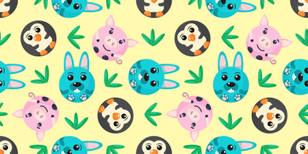 Seamless vector pattern of penguin, rabbit, pig. Round sheep, cat, owl on background. Vector...