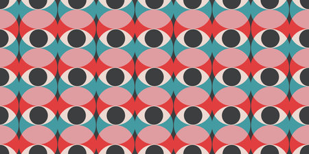 Seamless pattern with minimal 20s geometric design with eyes, vector template with primitive shapes...
