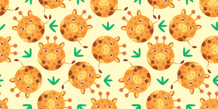 Round giraffe Seamless pattern. Vector Background with the faces of giraffe. Template for the...