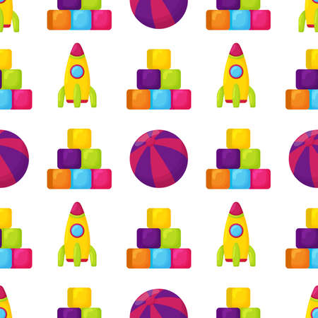 Bright colored children cubes, rocket and ball seamless patternのイラスト素材