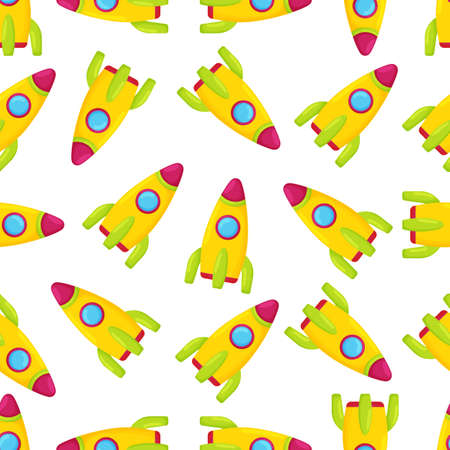 Vector flat spatial seamless background with a rocket pattern. Cute template with rockets for childrens textilesのイラスト素材