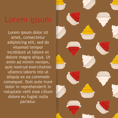 Seamless pttern ketchup, french mustard and mayonnaise in bowl set isolated. Spice dressing composition in ramekin. Side view, vector illustration for food packaging. vector illustrationのイラスト素材