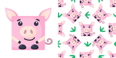 Squares pig Seamless pattern. Vector Background with the faces of pig. Template for the packaging, baby textile.のイラスト素材