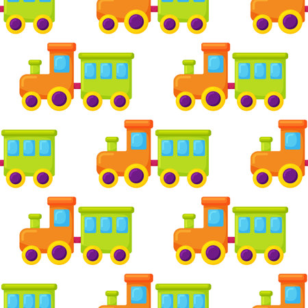 Retro seamless pattern with colored train. Baby pattern with transport. locomotives. Cartoon train on background.のイラスト素材