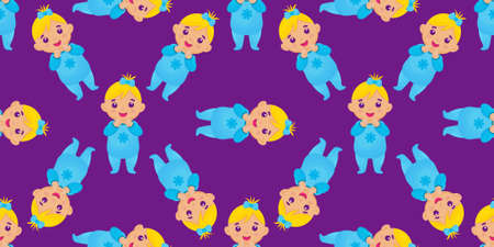 Doll toy seamless pattern. Kid is standing and smiling. Little girl with the ponytail is happy.のイラスト素材