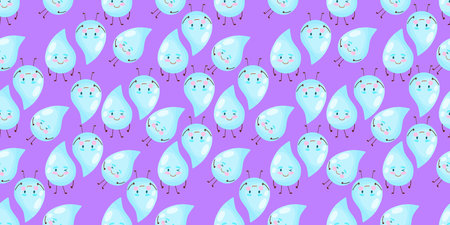 Rain seamless vector pattern. Falling cute character water drops. vector illustration