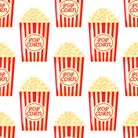 Seamless vector pattern of colored buckets popcorn background. Fun popcorn print. Delicious sweet snack.のイラスト素材