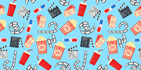 Flat cinema seamless pattern design with film reel, clapper, popcorn, 3D glasses. Cartoon flat Vector Illustrationのイラスト素材