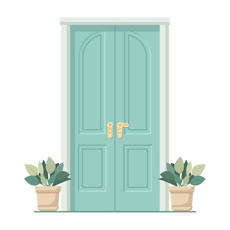 Blue front door with two pots with plants. Cartoon house illustrationのイラスト素材