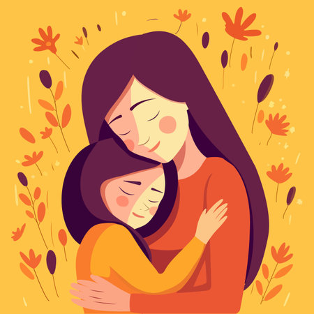 Mother embraces her daughter on a floral background, vector illustration in a flat styleのイラスト素材