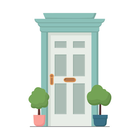 Blue front door with two pots with plants. Cartoon house illustrationのイラスト素材