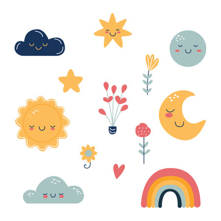 Set of cute boho baby objects in Scandinavian style.のイラスト素材