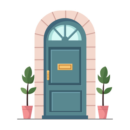 Blue front door with two pots with plants. Cartoon house illustrationのイラスト素材