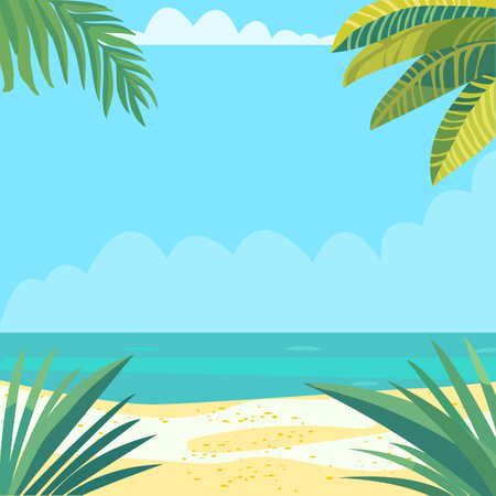 Tropical beach frame background with leaf plant. Summer landscape. Sandy beach under the bright sun.のイラスト素材