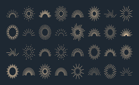 Set vintage sunburst. Bursting rays sunrise firework.のイラスト素材