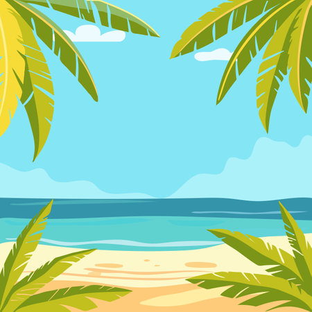 Tropical beach frame background with leaf plant. Summer landscape. Sandy beach under the bright sun.のイラスト素材