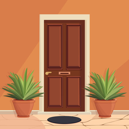 Front door with two pots with plants. Cartoon house illustrationのイラスト素材