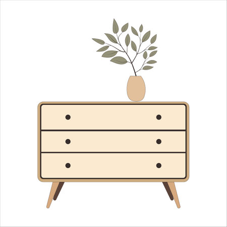Contemporary ladies chest of drawers with flowers in a vase. Commode modern. Bedroom interior in a flat style. Furniture for the bedroom and living room. Vector illustrationのイラスト素材