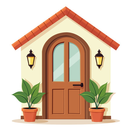 Front door with two pots with plants. Cartoon house illustrationのイラスト素材