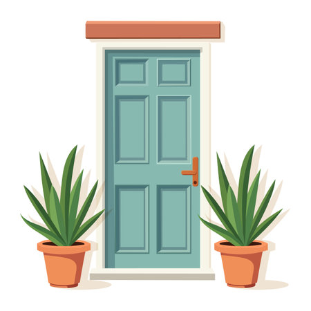 Front door with two pots with plants. Cartoon house illustrationのイラスト素材