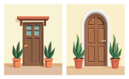 Front door with two pots with plants. Cartoon house illustrationのイラスト素材