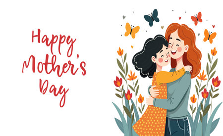 Mother and daughter embrace amongst blooming flowers and fluttering butterflies. Mothers Day greeting card. A flat hand-drawn vector illustration.のイラスト素材