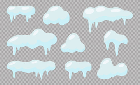 Set snow and Ice. Winter design with white and blue snow templates. Snowy frames and decorations on a blue background. Includes cartoon style and realistic snow caps, snowballs, snowdrifts.のイラスト素材