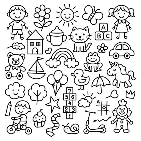 Cute kids elements, preschool kindergarten doodle set. Hand drawn vector illustrations isolated on a white background.のイラスト素材