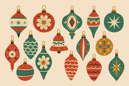 Vintage Christmas ornaments with retro baubles and holiday decoration for festive midcentury vector. Classic shapes for tree decor with red and green by hand drawn look. Great for cards.のイラスト素材