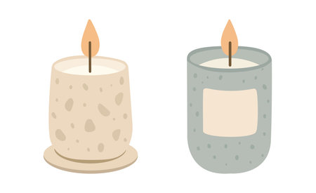Candles scented vector illustration with minimalist design and soft tones. Terrazzo glass and ceramic boho home decor for spa or living room styling. Modern candle set by hand drawn design.のイラスト素材