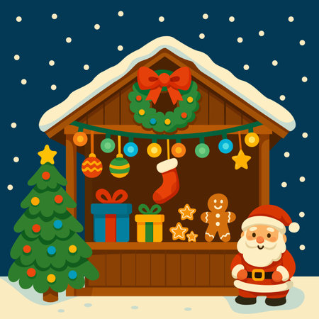 Festive Christmas Market Stall with Santa, Gifts, Christmas Tree, Gingerbread, Stockings, and Holiday Decorations for Winter Holidays and Celebrations.のイラスト素材