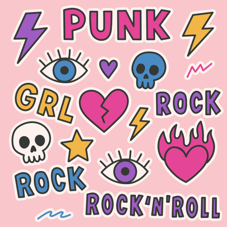 Colorful Punk Rock Stickers with Skulls, Hearts, Lightning, Eyes, and Stars for Tattoo and Rock n Roll Loversのイラスト素材