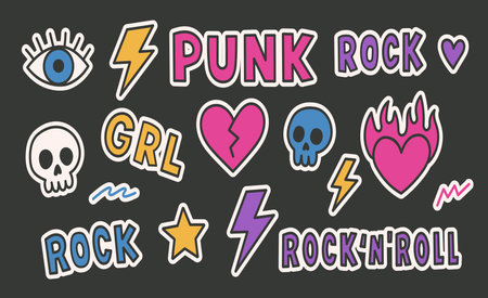 Colorful Punk Rock Stickers with Skulls, Hearts, Lightning, Eyes, and Stars for Tattoo and Rock n Roll Loversのイラスト素材